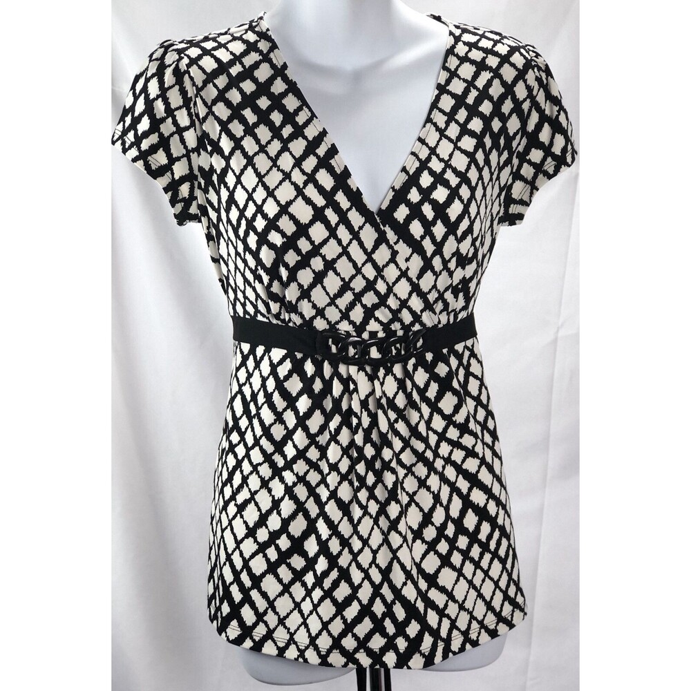 Vintage BabyDoll Top S Blk/Wht Geo V-Neck Belted ShortSleeve Y2K Boho Whimsigoth